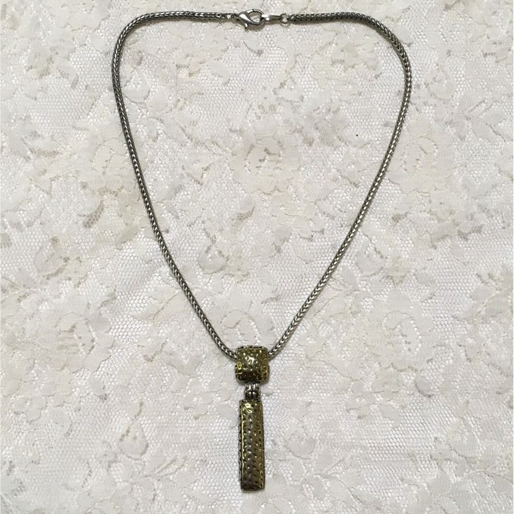 Vintage Chain Necklace Textured Lariat Light Gold Tone Pendant Silver tone Chain